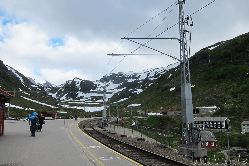 Ankunft der Flamsbana am Bahnhof von Myrdal, Norwegen