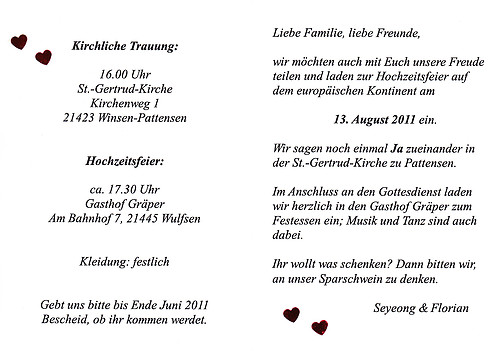 Einladungskarte fuer unsere Hochzeitsfeier in Deutschland