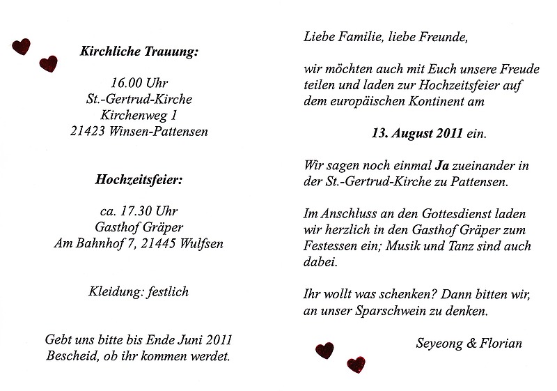 Einladungskarte für unsere Hochzeitsfeier in Deutschland