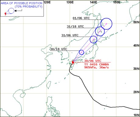 Typhoon Chaba. Jeju ist die Insel suedlich des koreanischen Festlandes