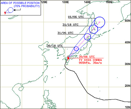 Typhoon Chaba. Jeju ist die Insel suedlich des koreanischen Festlandes