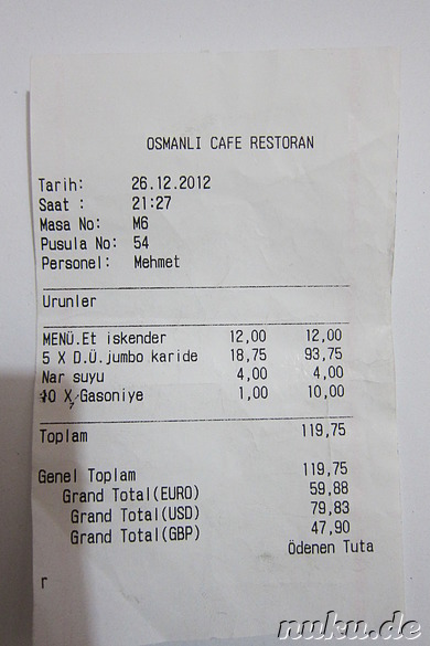 Die Rechnung im Osmanli Cafe Restoran in Antalya, Türkei