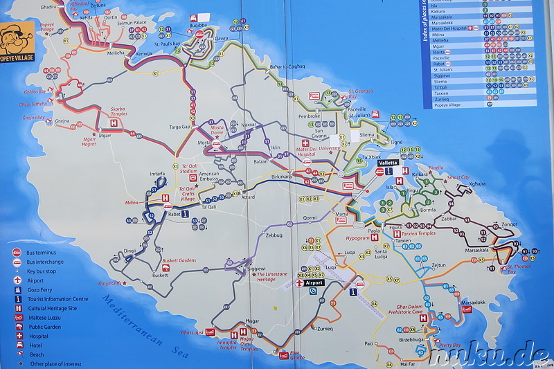 Karte von Malta mit Busverbindungen